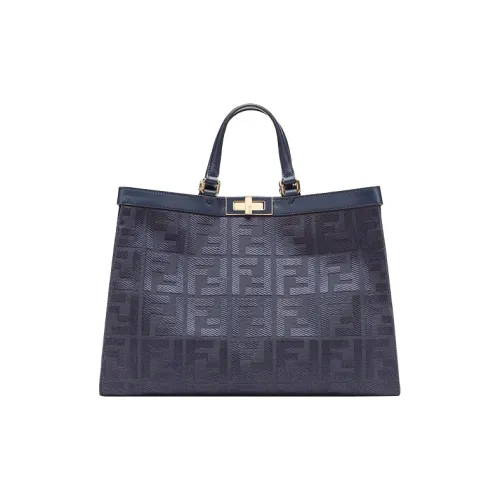 FENDI Peekaboo Холст и Кожа Одно Плечо Сумка Средний Размер Женская Темно-Синяя