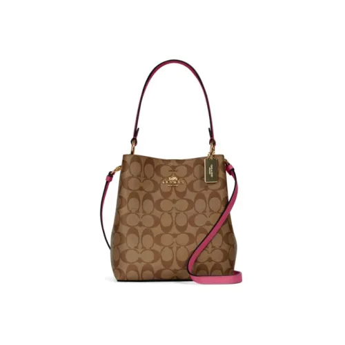 COACH Town Покрытый холст с кожаными вставками ведрообразная сумка портативная сумка через плечо женская коричневый