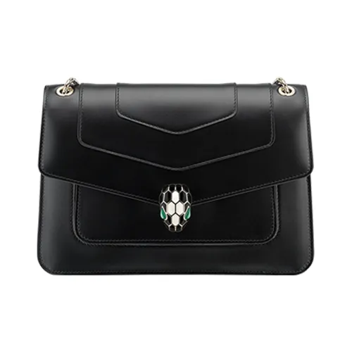 BVLGARI Serpenti Forever Сумка На Плечо Кожа Теленка Черного Цвета, Подкладка Из Грогрена Изумрудно-зеленого Цвета