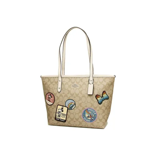 COACH X DISNEY City Zip Tote Холст с кожей Тоут Сумка Сумка для покупок Сумка на плечо Женская Хаки
