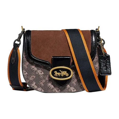 COACH Kat Покрытие Холст Кожаная Вставка Седло Сумка Сумка через плечо Сумка на плечо Женская Коричневая Черная