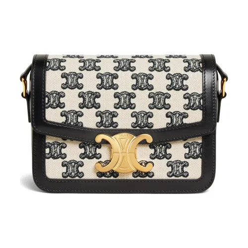 CELINE Teen Triomphe Вышивка Ткань с Коровьей Кожей Сумка через плечо Маленькая Женская Черная