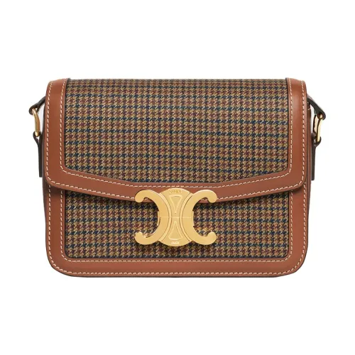 CELINE Triomphe Твид And Коровья кожа Сумка через плечо Сумка на плечо Женская Бежевая Коричневая