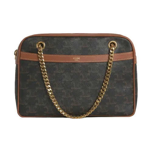 CELINE Canvas Корова Кожа Цепь Сумка Ручная Сумка Сумка через плечо Сумка на плечо Средняя Женская Рыжевато-коричневый