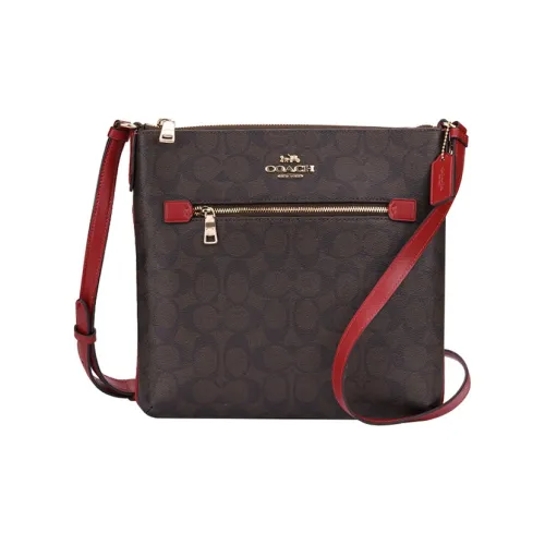 COACH Rowan Холст и Кожа Сумка для документов Сумка через плечо Сумка на плечо Средняя Женская Темно-коричневый и Красный