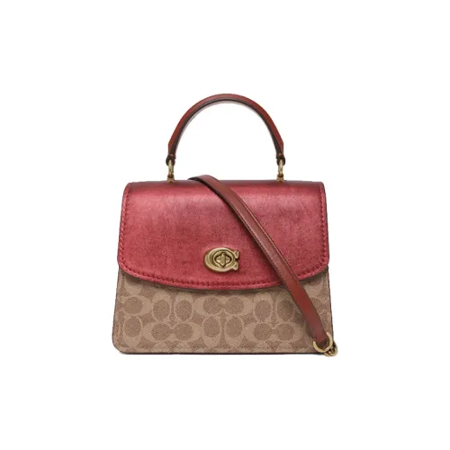 COACH Покрытие Холст с кожей переносная сумка через плечо маленькая женская красный и коричневый монограмма