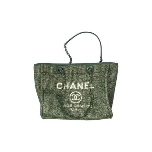 CHANEL Ткань Тоут Сумка Сумка для покупок Сумка Женская Зеленая Белая