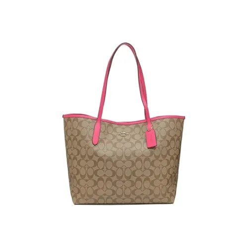 COACH City Canvas с кожаными вставками сумка-тоут сумка для покупок сумка через плечо большая женская темно-коричневый розово-красный