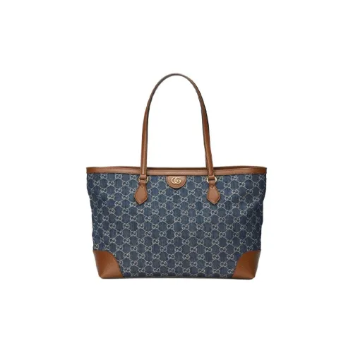 GUCCI Ophidia Деним с кожаными вставками Тоут Сумка Сумка для покупок Сумка на плечо Сумка среднего размера Женская Серо-голубой Коричневый