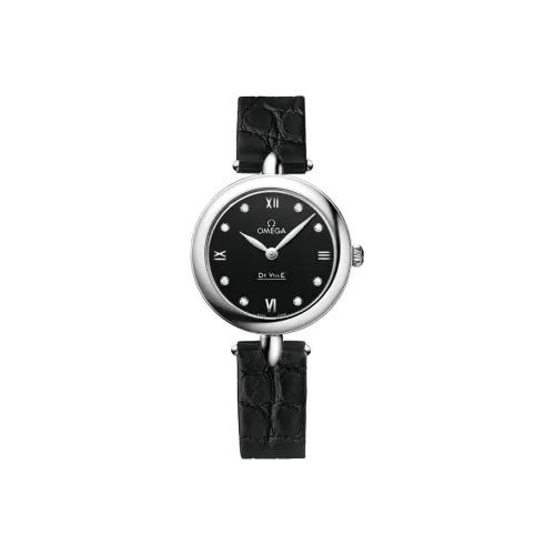 OMEGA Elegant Saucer Series Кварцевый механизм Женские часы 27,4 мм Черный циферблат Корпус из нержавеющей стали Кожаный ремешок