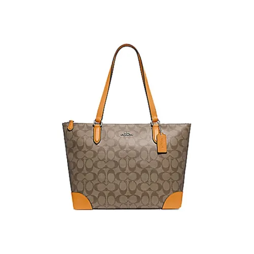 COACH Zip Top Tote Canvas Tote Bag Shopping Bag Shoulder Bag Medium Women's Brown Saffron