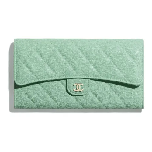 CHANEL Classic Flap CF С рельефом Тисненый Икорный Телячья кожа Металл Кошелек Женские Зеленый