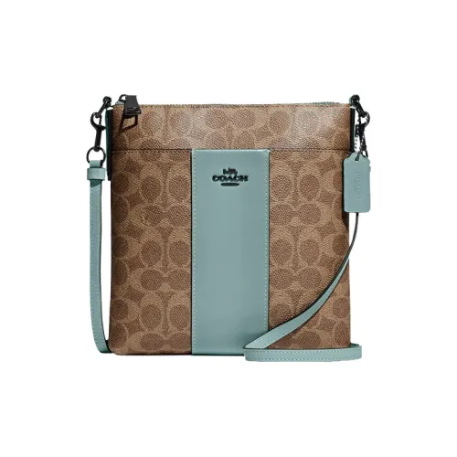 COACH Kitt Покрытый холст с телячьей кожей курьерская сумка сумка через плечо женская коричневый и бирюзовый