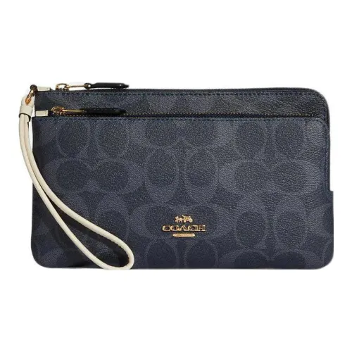 COACH Покрытие Холст Кожа Монета Кошелек Запястье Сумка Клатч Маленький Женский Джинсовый Синий