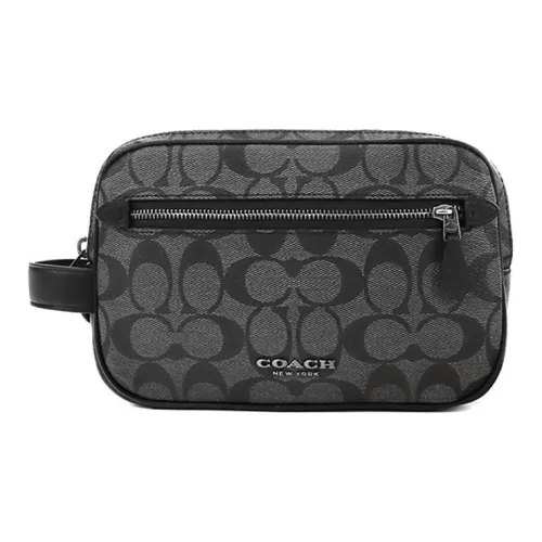COACH Double Zip Wallet Холст с кожей Двойная молния Overnight Сумка Сумка Клатч Маленький Унисекс Черный