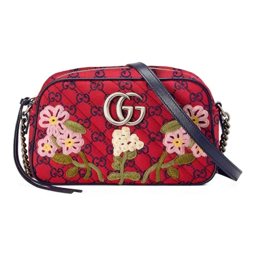GUCCI Marmont Valentine's Day Collection Seamed Canvas Сумка через плечо Маленькая Женская Красная и Синяя
