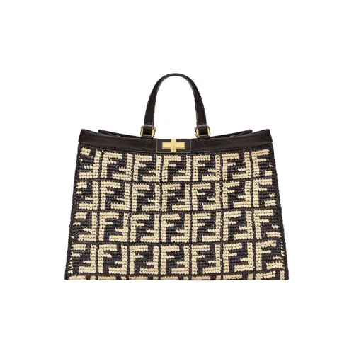 FENDI Peekaboo Вязаные ткани Raffia с коровьей кожей сумка-тоут одно плечо женская черная