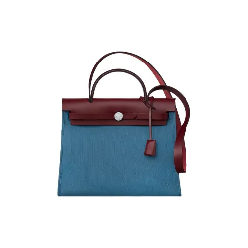 HERMES Herbag Zip Воловья кожа Пэчворк Холст Одно плечо Сумка Женская Бургунди Деним Синий