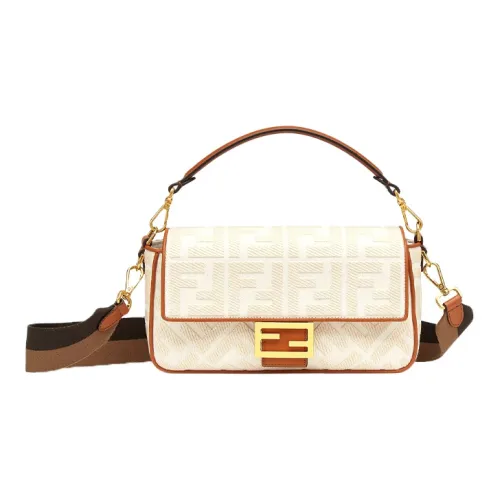 FENDI Baguette Холст с кожей Портативный Сумка через плечо Сумка на плечо Женская Белая Коричневая