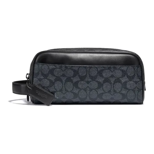 COACH Travel Kit Холст с кожей Дорожная сумка Портативный Makeup Bag Маленький Унисекс Угольно-черный Монограмма