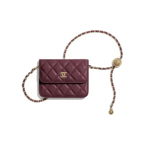 CHANEL Овчина Сумка через плечо Бананка Кошелек для монет Женские Бургунди