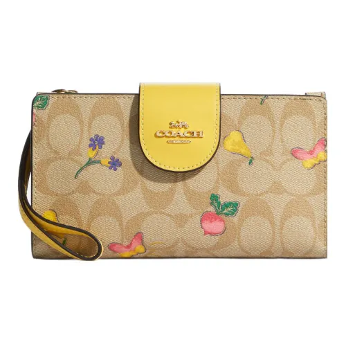 COACH Tech Wallet Холст с кожей Клатч Кошелек Запястье Сумка Женские Светлый хаки и Желтый