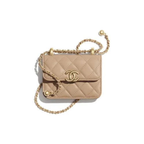 CHANEL Телячья кожа и металл Сумка через плечо Монета Кошелек Женская Бежевая