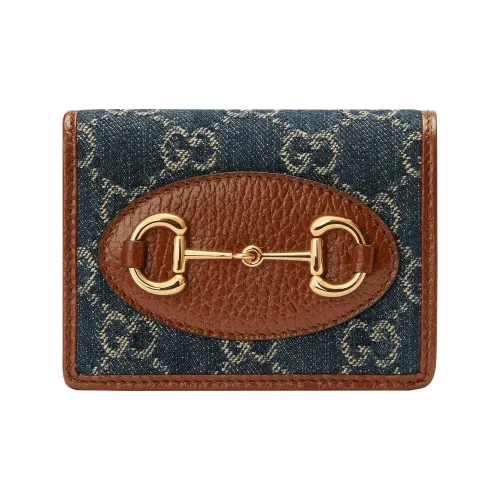 GUCCI Horsebit 1955 Холст Кошелек Держатель для карт Женский Коричневый Синий