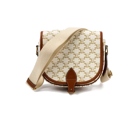 CELINE Triomphe Монограмма Холст And Телячья кожа Курьерская сумка Сумка через плечо Большая Женская Конфетно-белая