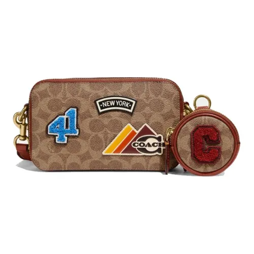 COACH Charter Холщовая кожа Через плечо Комбинированная сумка Sling Сумка Мини Женские Хаки Кирпично-красный