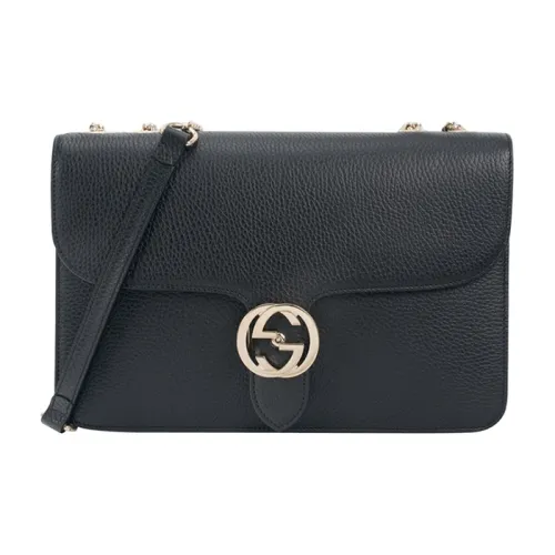 GUCCI Зернистая текстура кожа кожа курьерская сумка аккордеонная сумка сумка через плечо большая женская черная