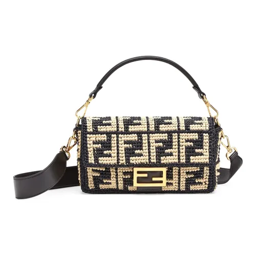 FENDI Baguette Ткани вязаные Рафия С кожаными вставками Сумка через плечо Сумка Женские Черный