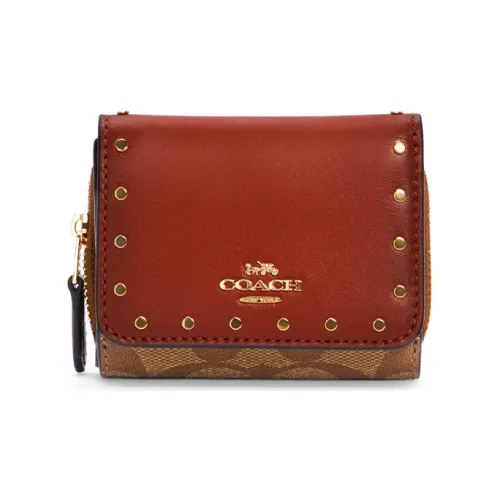 COACH Трехсекционный кошелек из холщовой кожи клатч кошелек женский коричневый