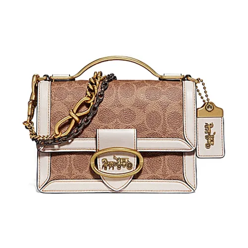 COACH Riley Кожа Аккордеонная Сумка Сумка через плечо Сумка Маленькая Женская Белая и Коричневая с Монограммой