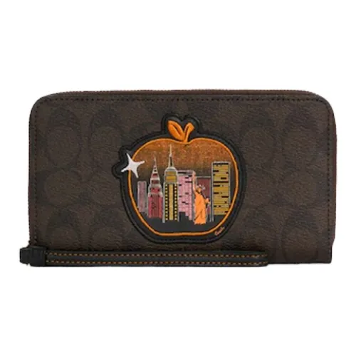 COACH Dempsey Кожаная этикетка Холст с кожей Ручной Длинный кошелек Унисекс Темно-коричневый