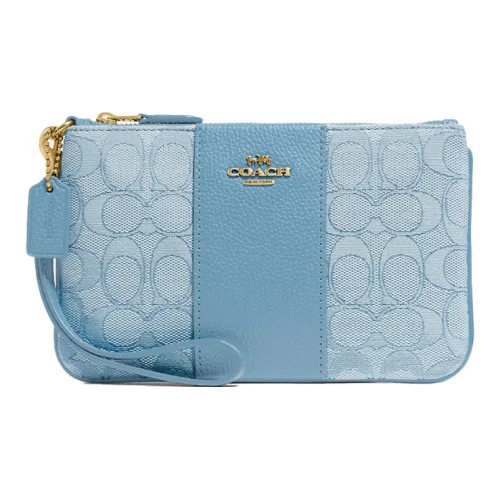 COACH Wristlet Холст и кожа Маленькая сумка на запястье Клатч Маленькая Женская Светло-синяя Монограмма