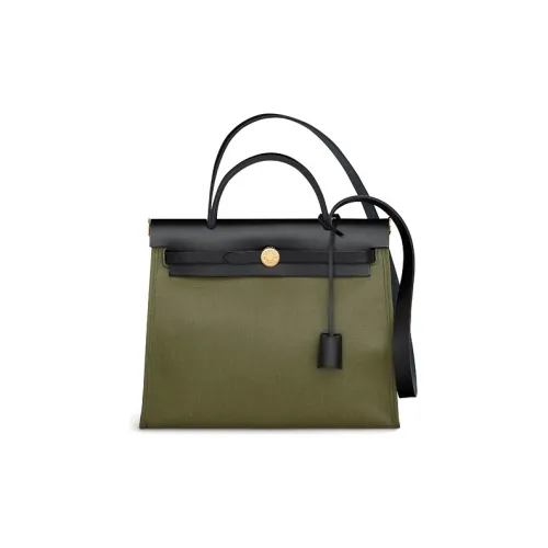 HERMES Herbag Zip Холст и Кожа Сумка Сумка через плечо Сумка через плечо Унисекс Зеленый Бежевый Черный
