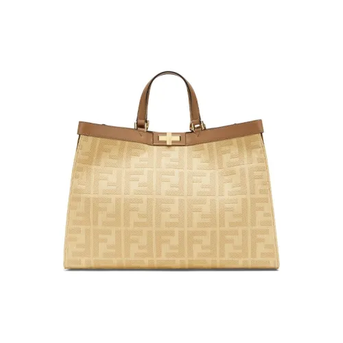 FENDI Peekaboo Холст и Кожа Тоут Сумка на Одно Плечо Средний Размер Женская Бежевая