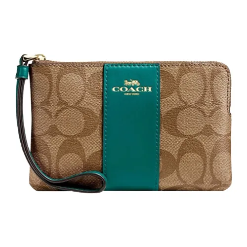 COACH Corner Zip Холст Клатч Маленький Женский Зеленый Хаки с Монограммой