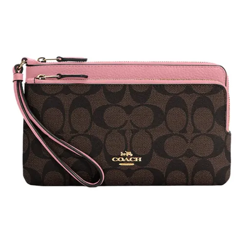 COACH Double Zip Wallet Кожаный кошелек для карт клатч кошелек среднего размера женский седло коричневый монограмма и перламутровый розовый