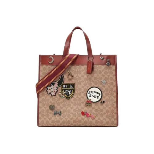 COACH Canvas с кожаными вставками тоут сумка для покупок сумка через плечо сумка большая женская красная коричневая