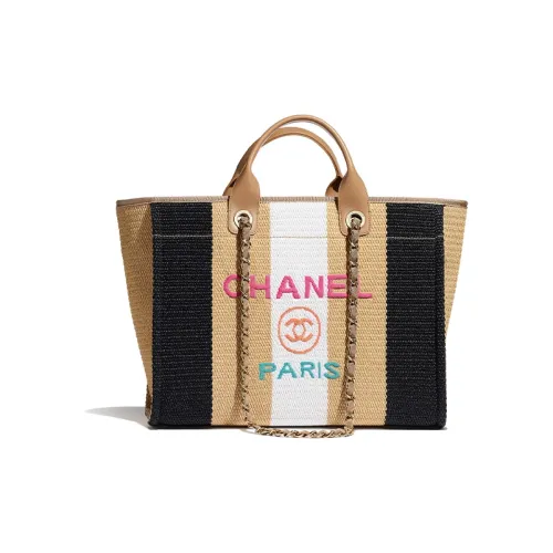 CHANEL Вискоза Хлопок Телячья кожа BEACH BAG Сумка через плечо Женская Бежево-черная