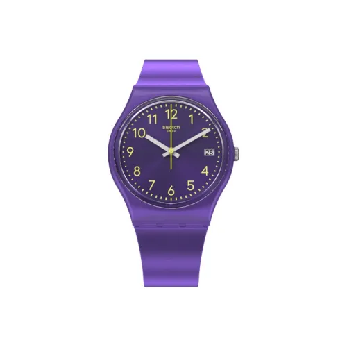 Swatch Quartz Механизм Женские часы 34 мм Фиолетовый циферблат Часы Пластиковый корпус Часы Силиконовый ремешок GV402