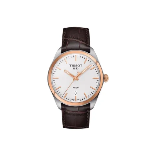 TISSOT PR100 Collection Кварцевый механизм Мужские часы 39 мм Серебристый циферблат Корпус из нержавеющей стали Кожаный ремешок