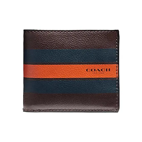 COACH Компактный кожаный 3-в-1 складной клатч кошелек мужской коричневый и синий с оранжевым