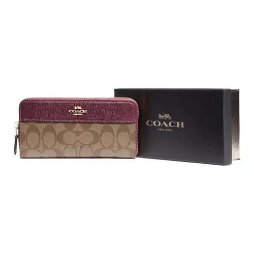 COACH Boxed Холст с кожей Кошелек Gift Box Set Клатч Женские Розово-красный Хаки Цветовой блок