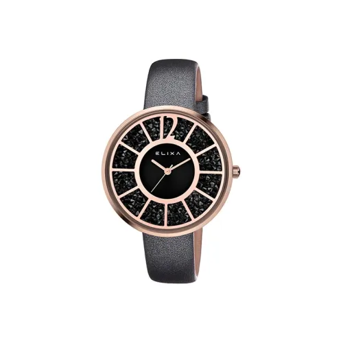 Elixa Кварцевый механизм Женские часы 40 мм Черный циферблат Корпус из нержавеющей стали Ремешок из натуральной кожи
