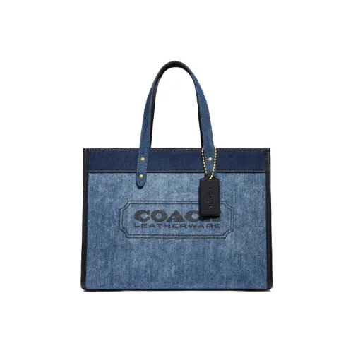 COACH Field Denim Телячья кожа Сумка-тоут Сумка для покупок Сумка через плечо Сумка Большая Женская Синяя