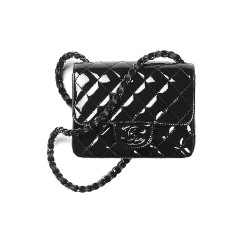 CHANEL Classic Flap CF Лакированная поверхность Телячья кожа Металлическая Сумка Сумка через плечо Сумка через плечо Мини Женская Черная