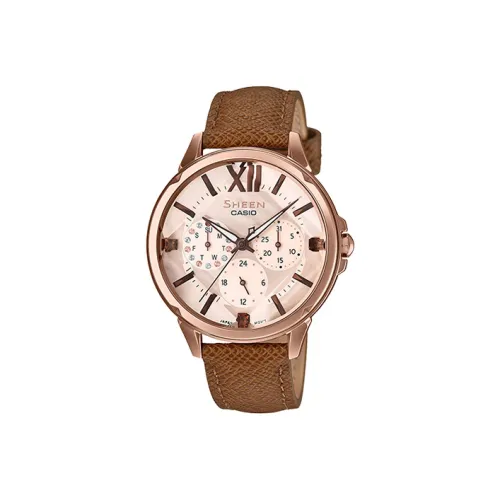 CASIO SHEEN Collection Кварцевый механизм Естественная кожа Ремешок Часы Женские Золотистый циферблат SHE 3056PGL 7A